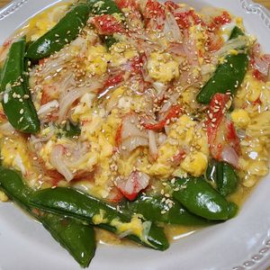 ナムディの作ってみた!投稿(スナップえんどうとカニかまのふわふわ卵とろみあんかけ)