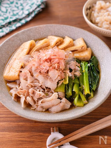 【小松菜と豚肉のさっと煮】5分煮るだけ！じゅわっとおいしい♪