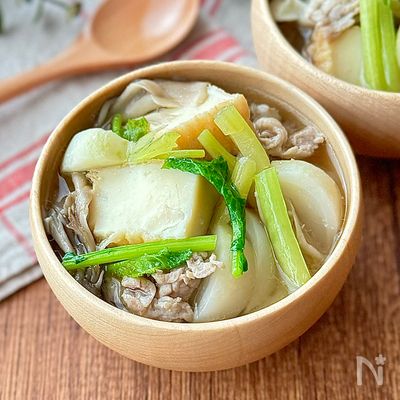 豚肉と厚揚げと季節野菜のおかずスープ