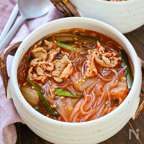 【豚肉とニラの旨辛春雨スープ】まな板も包丁なし!食べ応え◎