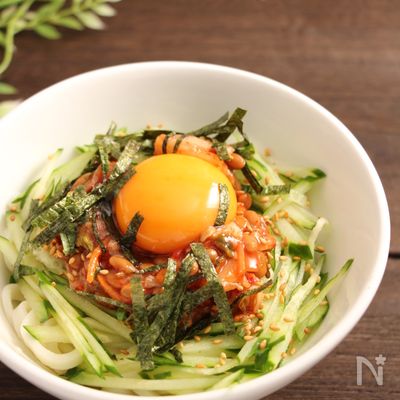 冷やしうどん！納豆キムチ