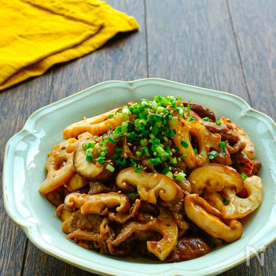 牛こまとれんこんと椎茸のオイぽん炒め
