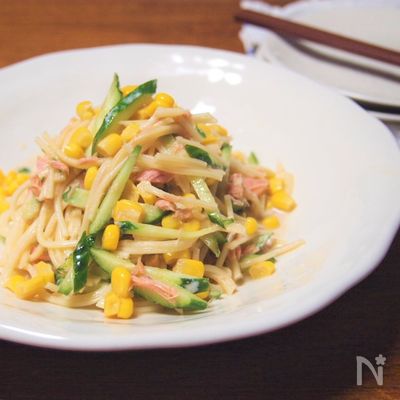 【余り物でボリュームおかず】ツナマヨポン酢スパゲッティサラダ