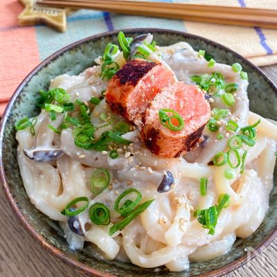 5分でパパっと作れる☆焼き明太子としめじのクリームうどん