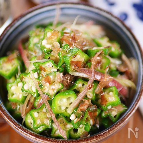 夏の涼しい副菜🎐オクラとみょうがのポン酢おかか和え😋🥗