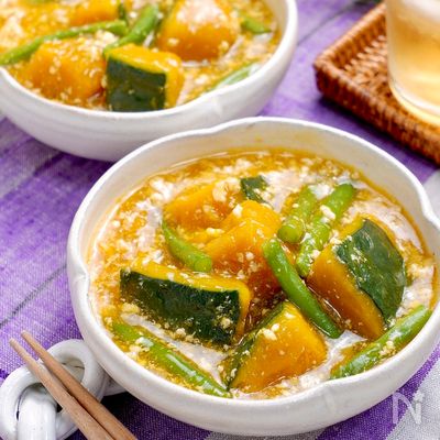 レンジでここまで美味しい‼『かぼちゃといんげんのそぼろあん』