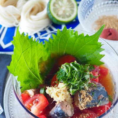 【麺ゆでレンジ】5分deザクザクトマトと鯖缶の漬け汁そうめん