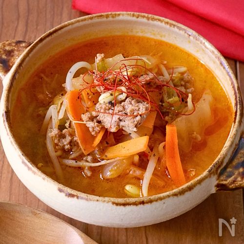【ひき肉とキムチのまろやか豆乳スープ】温活♪白だしでコク旨!