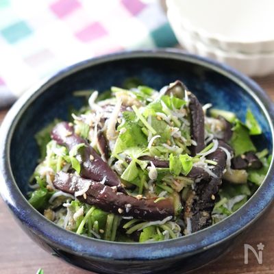 レンチン後和えるだけ♡なすと三つ葉のしらす旨塩ごまだれサラダ