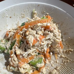 おかむーの作ってみた!投稿(ぜーんぶ♪レン・チン豆苗と人参と鳥ささみの絹ごし豆腐和え)