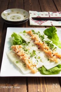 大根とブロッコリースプラウトの帆立缶カルパッチョ