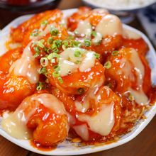 行列のできる定食屋さんの🍚ヤンニョムマヨのエビチリ定食🤩