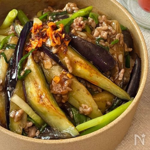 とろしゃきでごはんが進む！【なすとネギのそぼろ丼】
