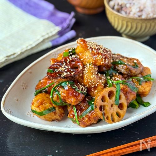 【鶏むね肉とレンコンのピリ辛ニラ味噌だれ】ご飯食べすぎ注意