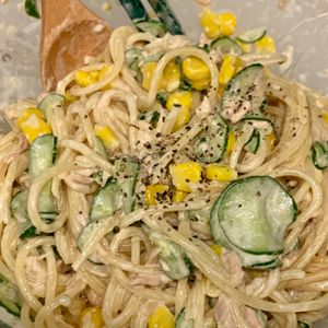 ぐ〜たら子の作ってみた!投稿(もう茹でない！レンジで一発【きゅうりとツナのスパサラ】)