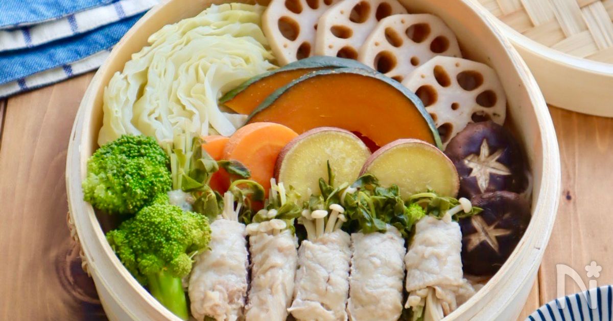 蒸篭デビューにぴったり【豆苗とえのきの肉巻き＆蒸し野菜】