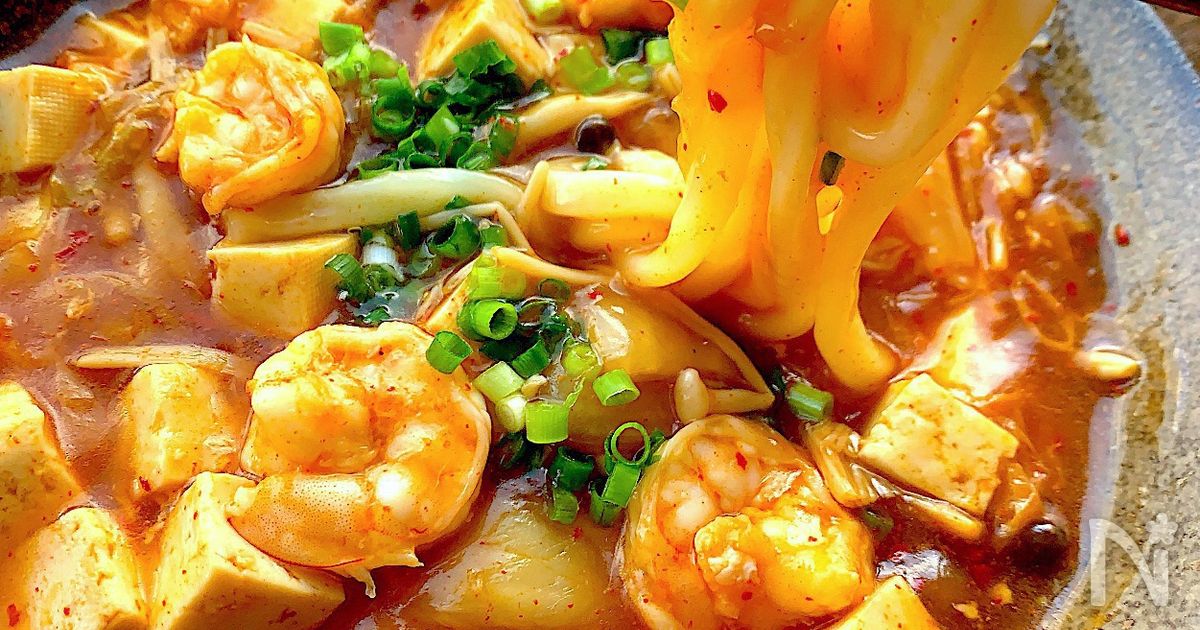 簡単おいしいすぐ出来る！〝エビと豆腐のキムチあんかけうどん〟