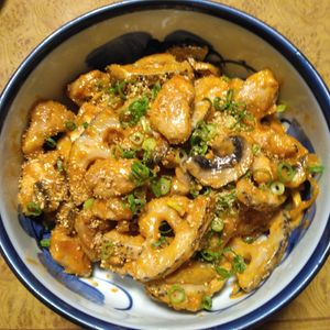 ももの作ってみた!投稿(＊鶏肉と蓮根とエリンギのケチャマヨ炒め＊)