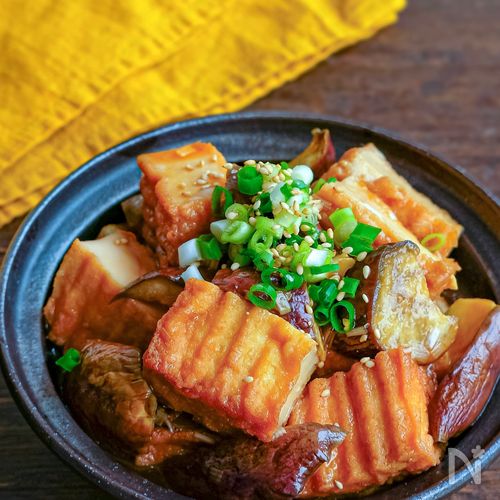 レンジでなすと絹厚揚げのスタミナ中華風甘酢煮