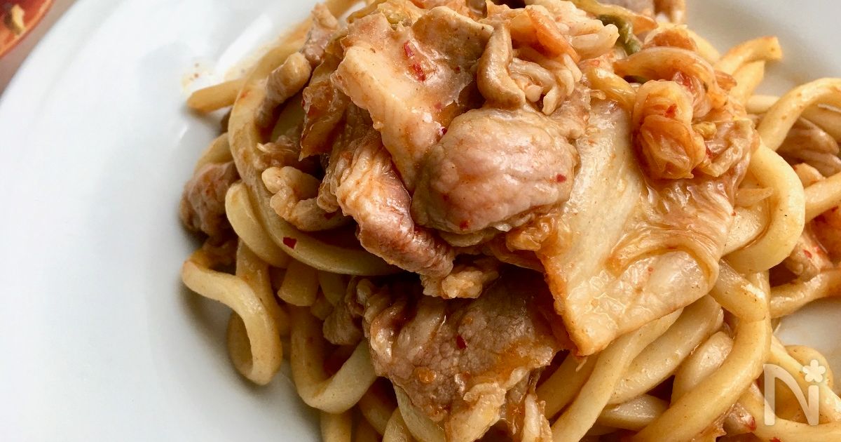 お子様向け!簡単な少し甘めの豚キムチうどん