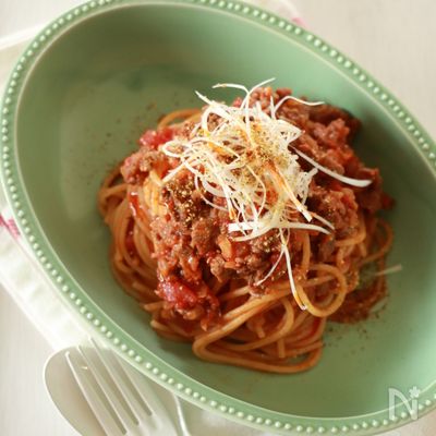 山椒香る☆牛こまラグーソースのパスタ