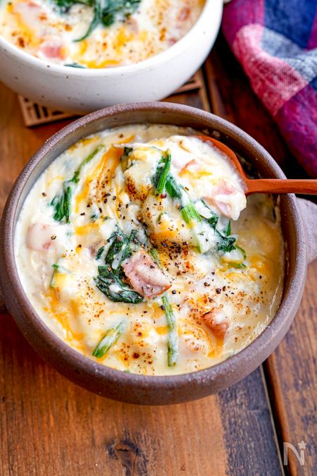 【ほうれん草とベーコンのお豆腐リゾット】ヘルシー☆グラタン風