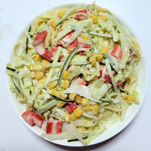 ふうかの作ってみた!投稿(春キャベツとカニかまのスパゲッティサラダ【具だくさん♪】)