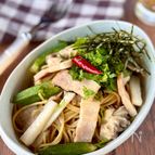 ワンパン！腸活！【ベーコンと長芋とオクラの和風スパゲティ】