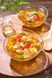 オクラとえのきとトマトのかき玉スープ（エアコンで冷えた体に）