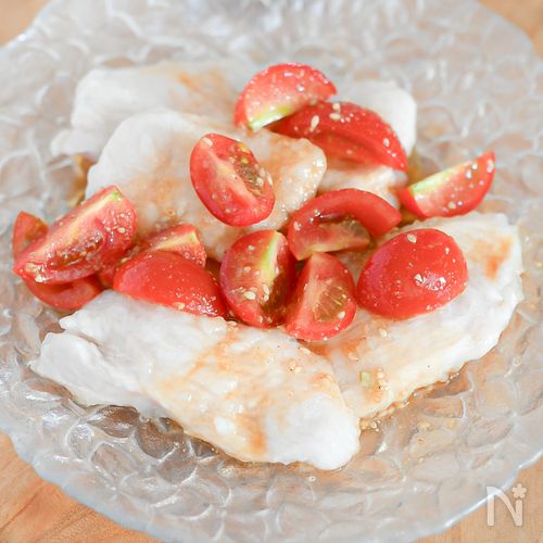 むね肉がプルプル♪水晶鶏のミニトマト中華ソースがけ