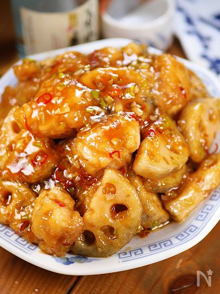 ぷりぷり鶏肉と蓮根の🤭💕とろとろ油淋鶏ソース炒め🍚
