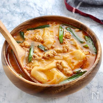 包丁なし!つるつる旨辛【ニラとワンタンの担々スープ】