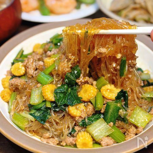 【小松菜とベビーコーンの麻婆春雨】白飯にのっけて食べたい！