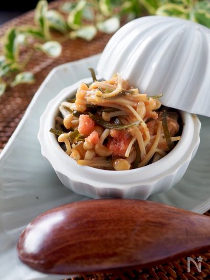 レンジで簡単！自分で作ればおいしい＊明太子入りなめ茸