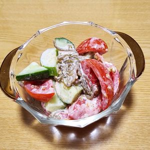 ナムディの作ってみた!投稿(もずくとトマト　胡瓜の柚子胡椒マヨ和え)