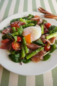 アスパラガスと生ハムの温玉サラダ