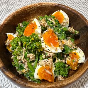 楽ラク手抜キッチン🐶🐾の作ってみた!投稿(子供も食べやすい♡『半熟卵と菜の花のツナハニーマスタード』)