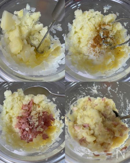 じゃがいもと玉ねぎをつぶし、ベーコンと調味料を合わせて混ぜる