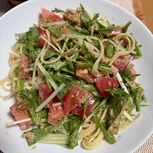 ゆっこの作ってみた!投稿(トマトとツナと水菜の冷製ポン酢パスタ【#混ぜるだけ#夏休み】)