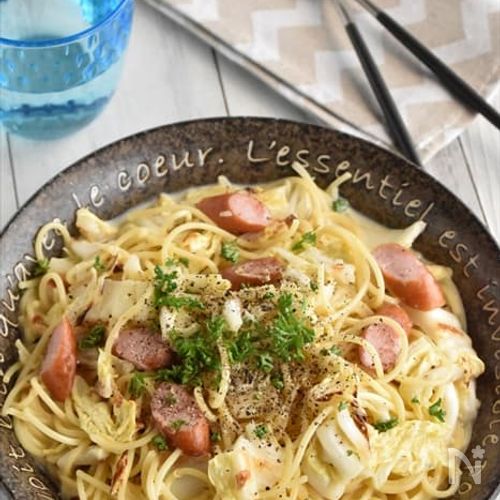 【白菜とウインナーの豆乳クリームパスタ】たっぷり野菜を摂れる