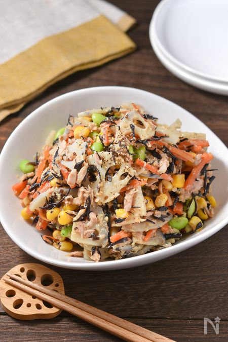 【蓮根とひじきのごま味噌サラダ】マヨネーズ不使用♪和風サラダ