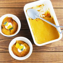 フライパンで作る！香ばしほうじ茶とかぼちゃのとろ～りプリン