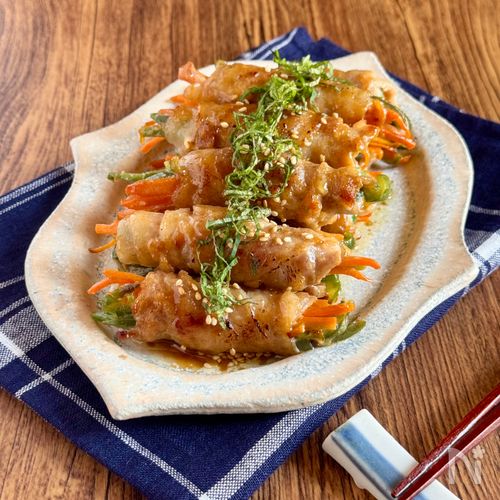 ご飯がススム！【豚バラの野菜巻き】レンチン野菜×ポンマヨだれ