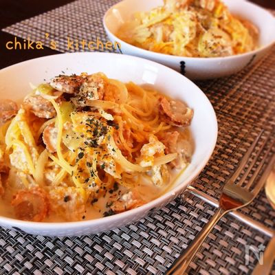 白菜とホタテの豆腐クリームで♪和風ミルクスープスパ♡