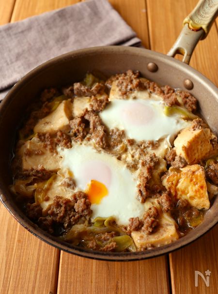 ワンパン10分！【ひき肉と豆腐の甘辛すき煮】豆腐水切り不要♩