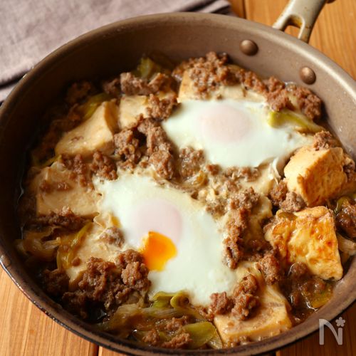 ワンパン10分!【ひき肉と豆腐の甘辛すき煮】豆腐水切り不要♩