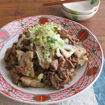 ごはんがススム◎牛肉とれんこんのねぎ塩しぐれ