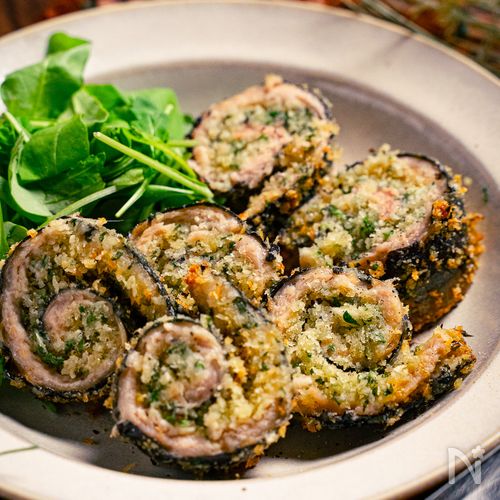 秋刀魚の香味パン粉ロール焼き