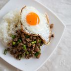 『豚ひき肉とニンニクの芽の甘辛炒め』＃ご飯が進む