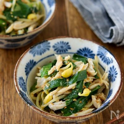 レンジで＊豆もやしとニラとサラダチキンの中華風ごまあえ